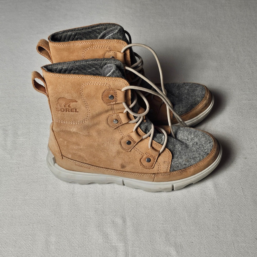 Sorel Explorer Joan Waterproof Suede Winter Boots Camel Gray Brown Womens 9.5